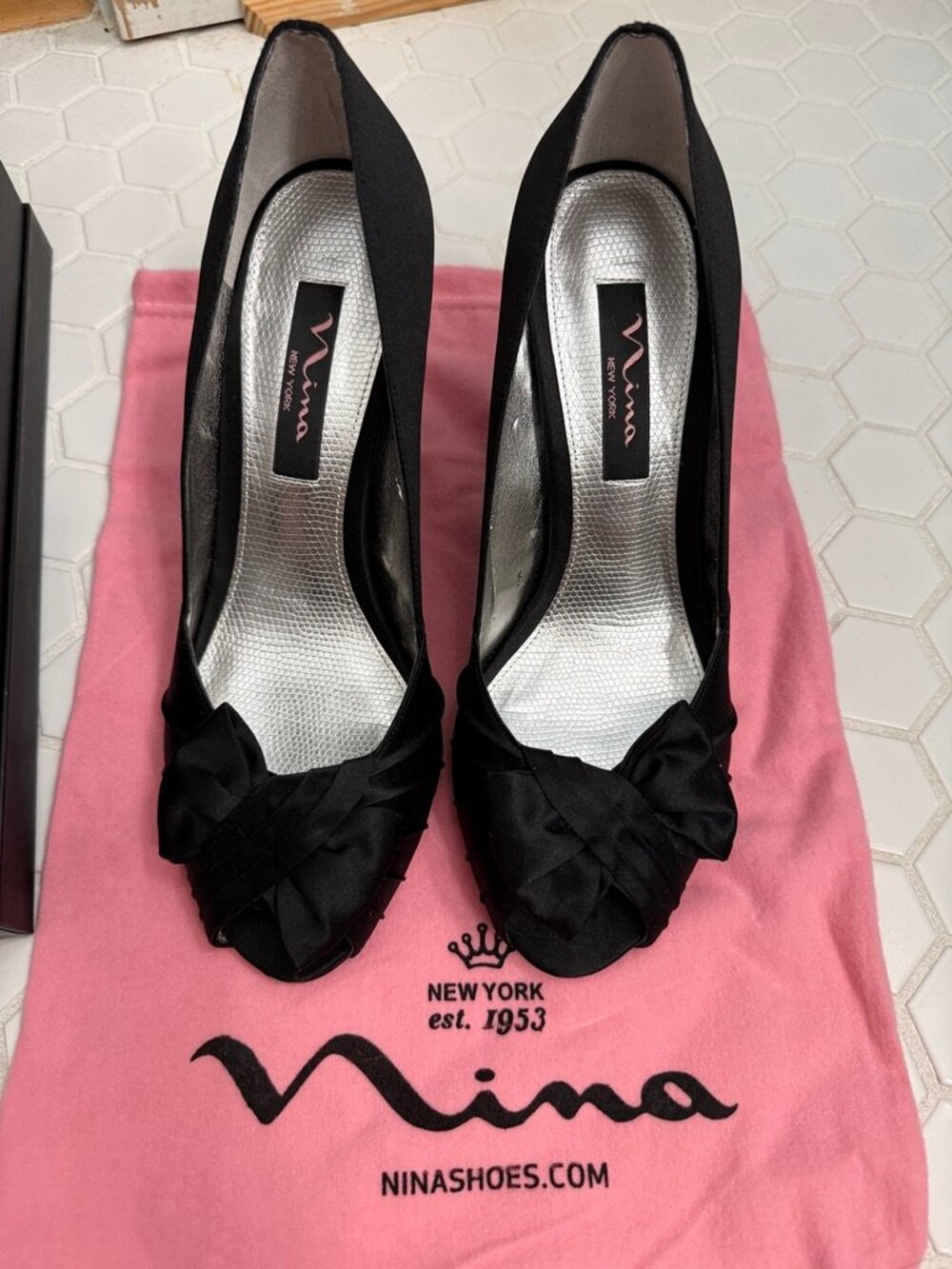 Nina Black Satin Peep Toe Heels Pumps w/ Bow | Size 8M | New in Box